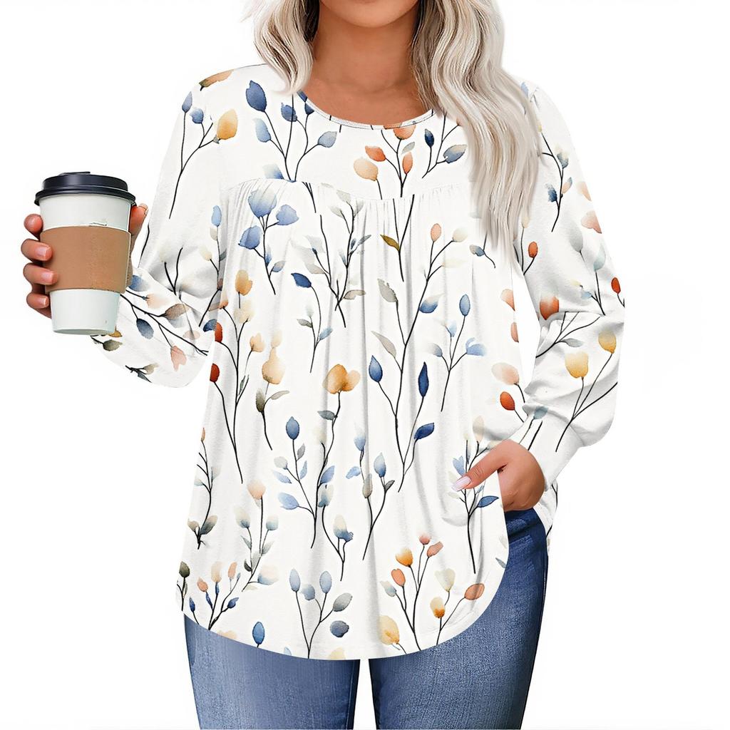 Womens Plus Size Tops Long Sleeve Shirts Round Neck Flowy Tunic Casual Loose Blouse L-5X