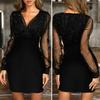 Women Evening Dress V Neck See-through Mesh Patchwork Long Sleeve Shiny Slim Fit Tight Waist Sheath Solid Color Party Prom Mini Dress