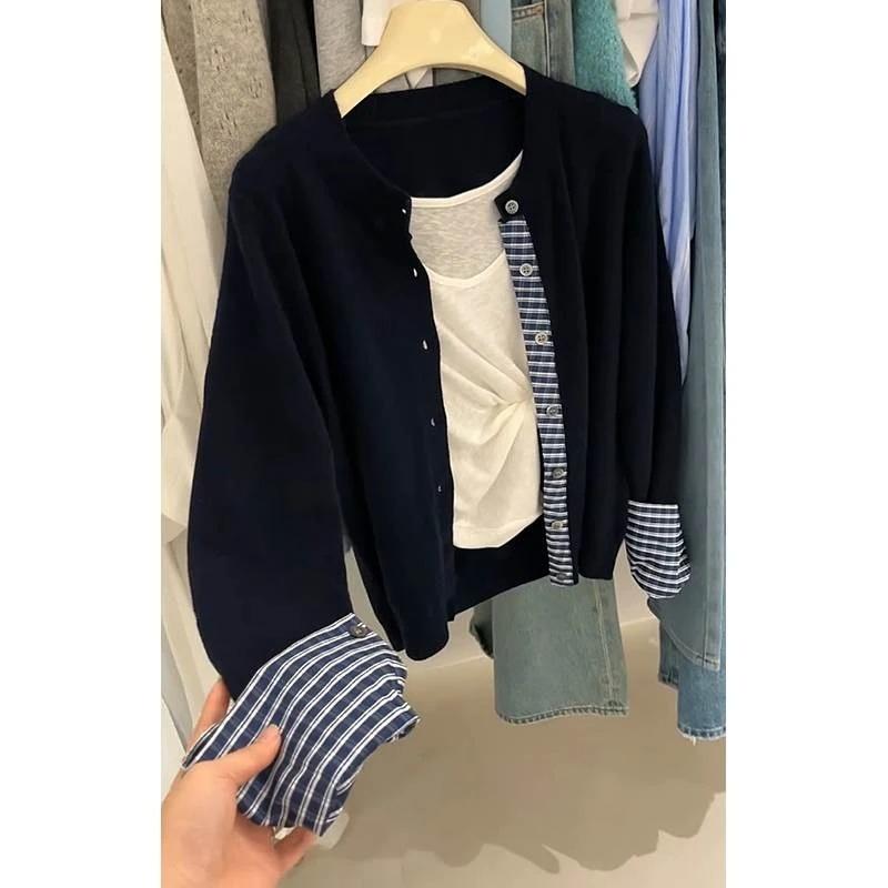 Контрастный цветной кардиган в клетку из двух частей, весенний свободный женский топ, мягкий ворсистый вязаный свитер-жакет