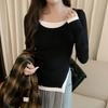Color Contrast Chic Fake Two Split Long Sleeve T-shirt Women's New Autumn and Winter Slim Fit All Match Slim Bottom Top