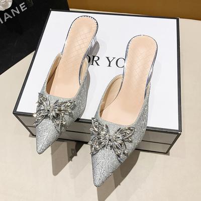 Мода Женская модная обувь Сексуальные туфли на высоком каблуке с открытой пяткой и ремешком с пряжкой и острым носком с украшением в виде бабочки Туфли-лодочки Свадебные туфли для невесты