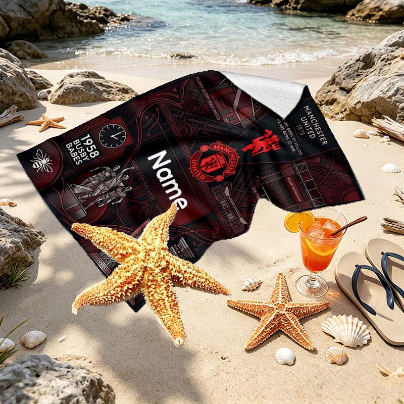 Custom Name Personalized Manchester United Print Beach Towel, for Trip Camping Beach Party Home Decor, Birthday Gift for Family & Friends