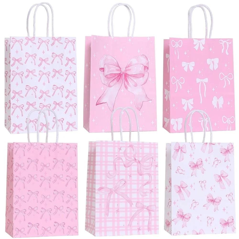 12Pcs Party Supplies Sweet Gift Packing Bag Pink Bow Portable Candy Cookie Bags Paper Reusable Present Wrap Bag Wedding Party