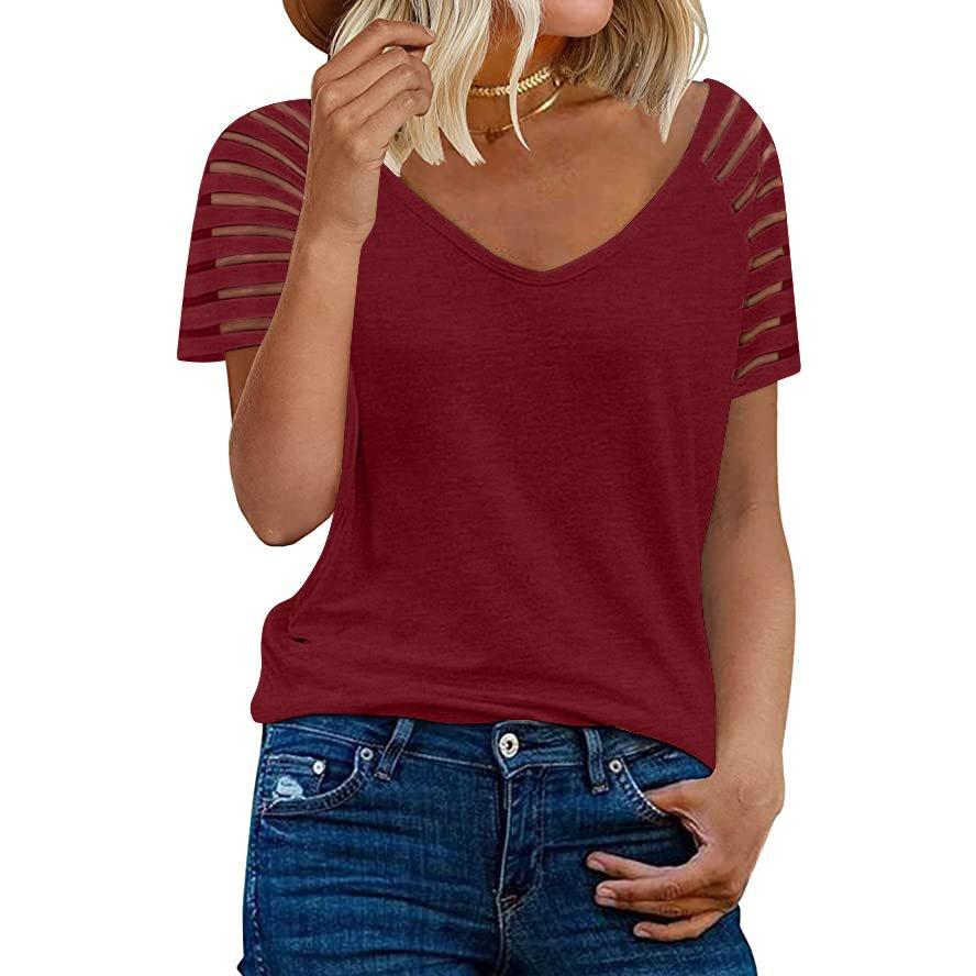 GMXIA Летняя сетчатая рубашка с V-образным вырезом, однотонная, с короткими рукавами, повседневная свободная футболка для женщин