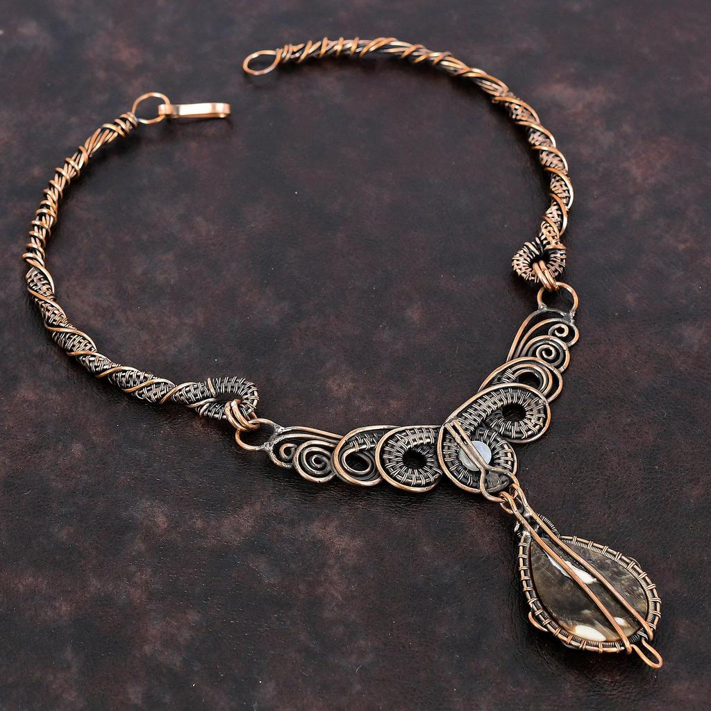 Ожерелье из арахисового дерева и яшмы, ювелирные изделия из медной проволоки, ожерелье из настоящего драгоценного камня, медное ожерелье ручной работы, проволочная обмотка, ожерелье из радужного лунного камня