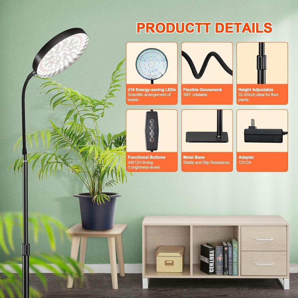 Xiaomi Grow Lights for Plants Full Spectrum Floor Plant Growing Lamp Large Plants Auto ON/Off Timer 5 Dimmable Levels Adjustable Heigt