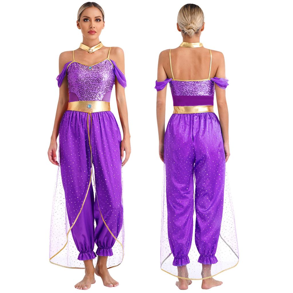 Women's Princess Costume Set Sequins Jumpsuit Long Wide Trousers Carnival Cosplay Party Dance Fancy Dress Outfit