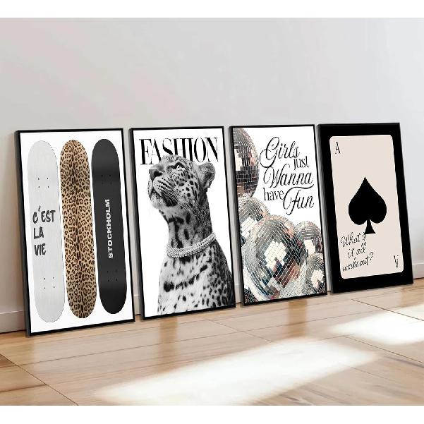 Модное леопардовое настенное искусство в стокгольмском стиле Декор стен комнаты Шикарный Роскошный Мода Y2k Гепардовые Постеры Диско-шар Девочки Хотят Веселиться Фотографии Печать