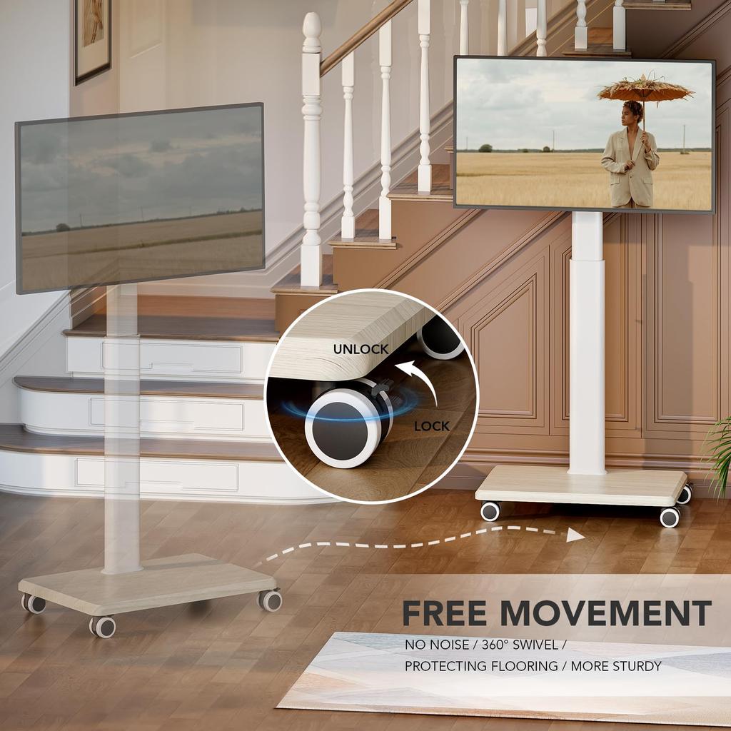 Мобильная подставка для телевизора от 27 до 65 дюймов, переносная тележка для телевизора на колесиках на высоких универсальных напольных стойках с поворотным креплением, регулируемым по высоте, изящное крепление для установки на пол