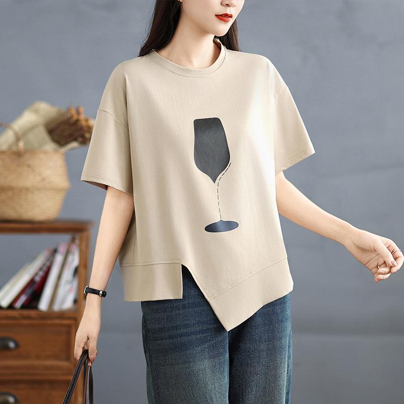 Dimanaf 2025 Лето Плюс Размер Футболка Женская Асимметричный Принт Короткий Рукав Свободные Топы Футболки Повседневные
