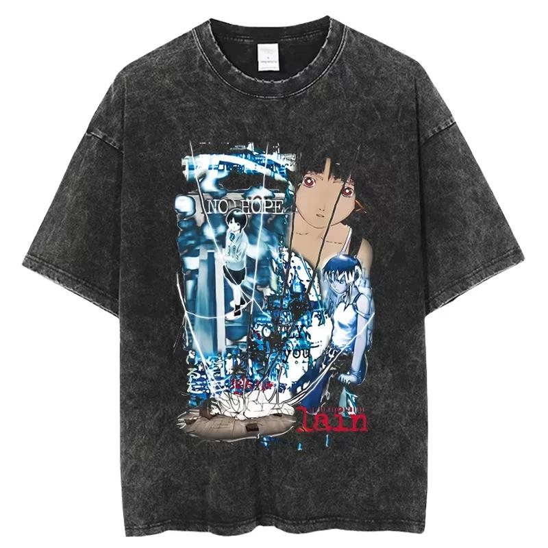 Anime Serial Experiments Lain Vintage Washed T Shirt Summer Men Women Tshirt Cotton Harajuku Oversized Short Sleeve Tees Tops