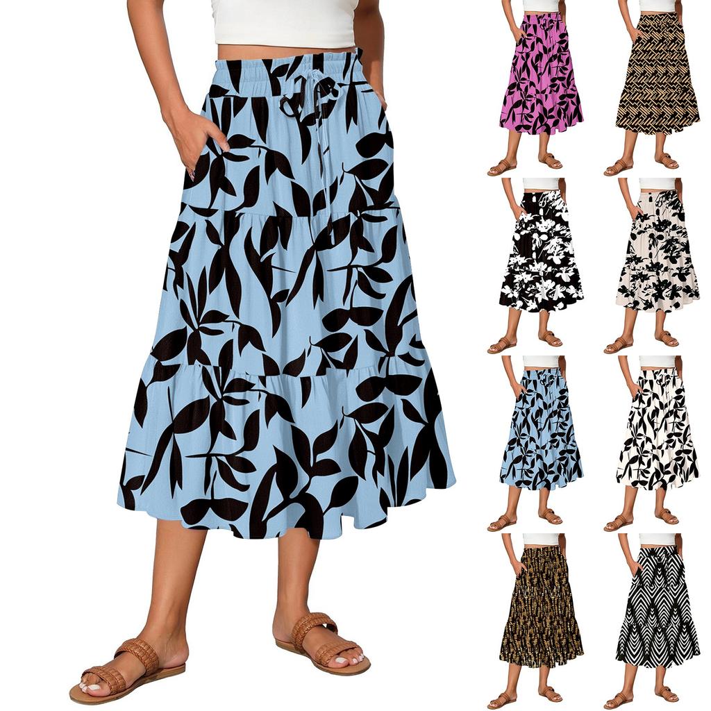 Women's Flowy Flared Ruffle Hem A Line Maxi Skirts Elastic Waist Elegant Tiered Layer Boho Long Skirts