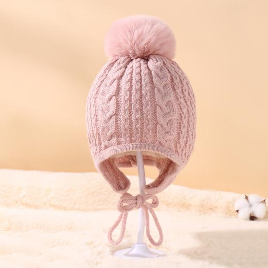 Children Hat Plush Ball Decor Twist Texture Lace-up Knitting Hat Solid Color Design Breathable Warm Winter Hat