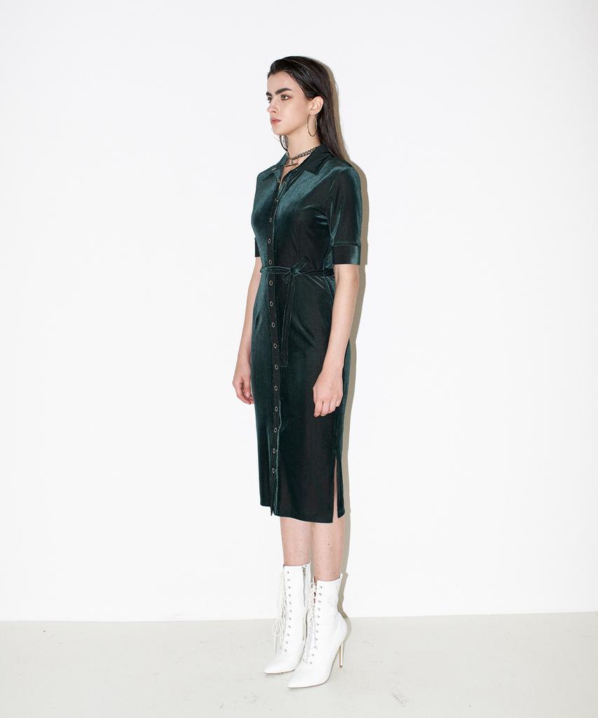 Chaenyuyog Front Open Velvet Dress [Green]