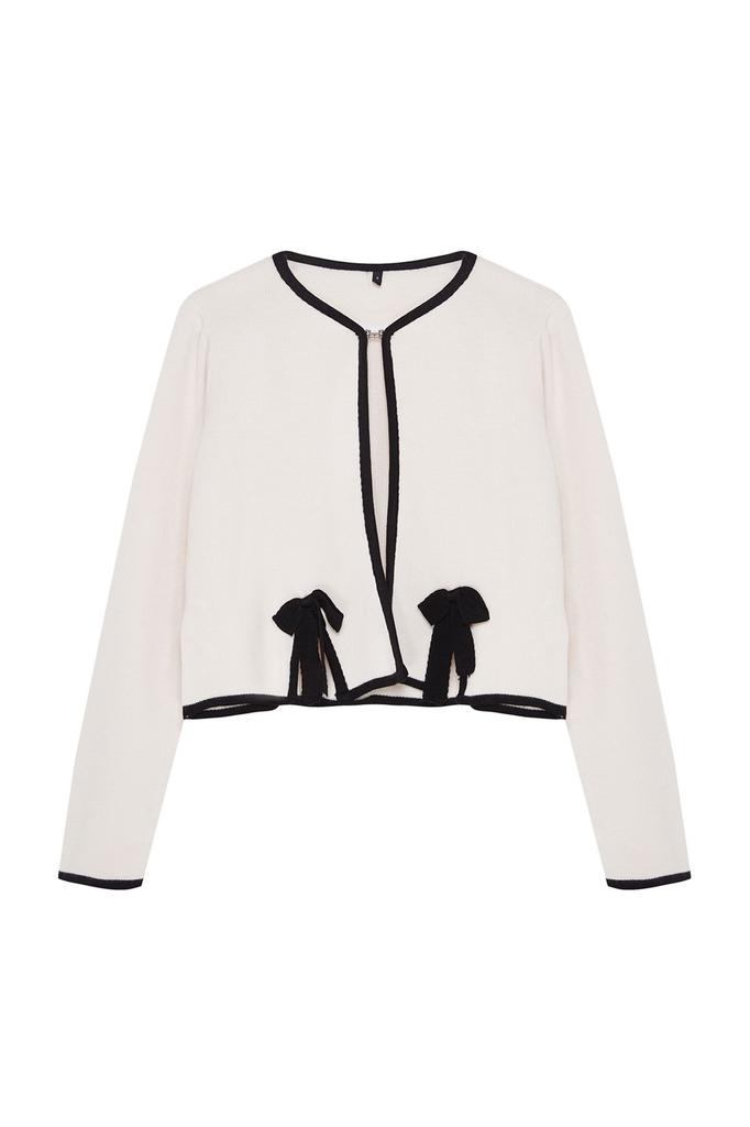 Женский элегантный кардиган с черной лентой и бантом, укороченная куртка с детальным рисунком, трикотажный кардиган