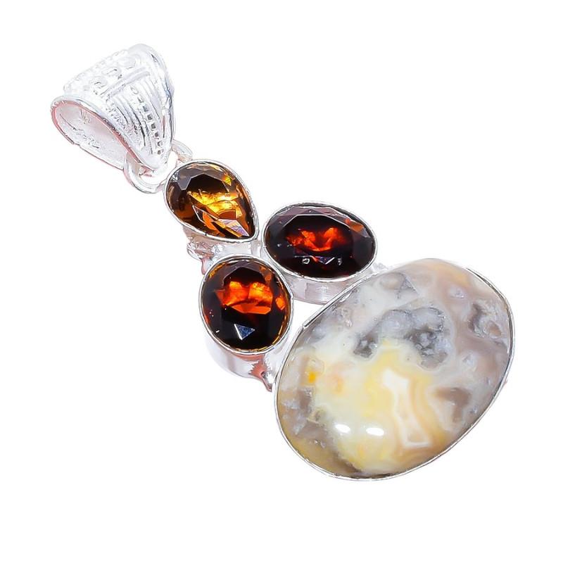 Laguna Lace Agate, Smokey Gemstone 925 Sterling Silver Jewelry Pendant 2.0" AH-3319