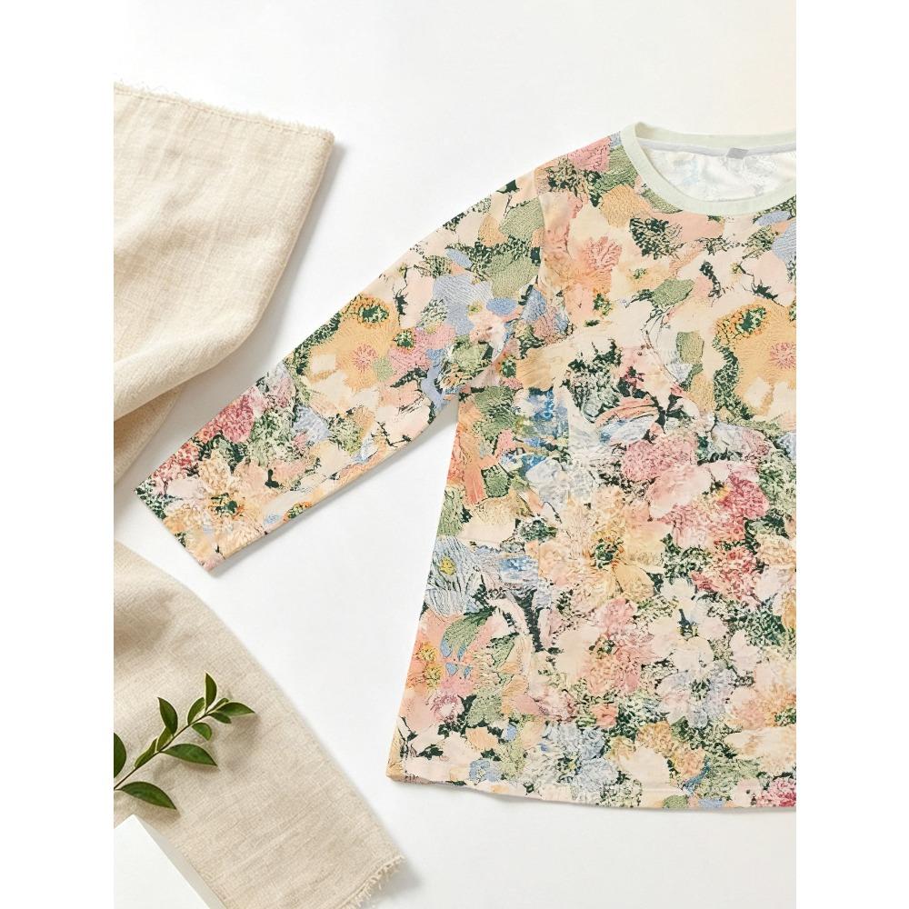 Women's large size with pockets, spring new floral long-sleeved T-shirt loose and thin medium and long top large size
