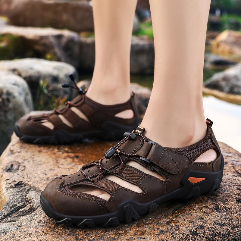 Fashion Summer Luxury Sandals Men Breathable Genuine Leather Outdoor Sandalias Trekking Casual Beach Shoes Male Loafers Big Size 38-48