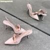 Fashion Pink/black Satin High Heels Women's Bow Shallow Back Strap Thin Heel Sandals Pointed Toe Slingback Fashion Summer 8.5Cm Sandals