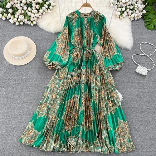 Платья Temperament Lantern Длинные рукава Круглый вырез Тонкий однобортный принтованное платье Элегантные винтажные шикарные женские платья