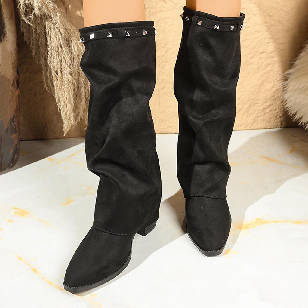 Pointed Toe Plus-size Pleated Sleeve Mid-heel Trouser Boots 2025 Winter New British-style High Boots for Women
