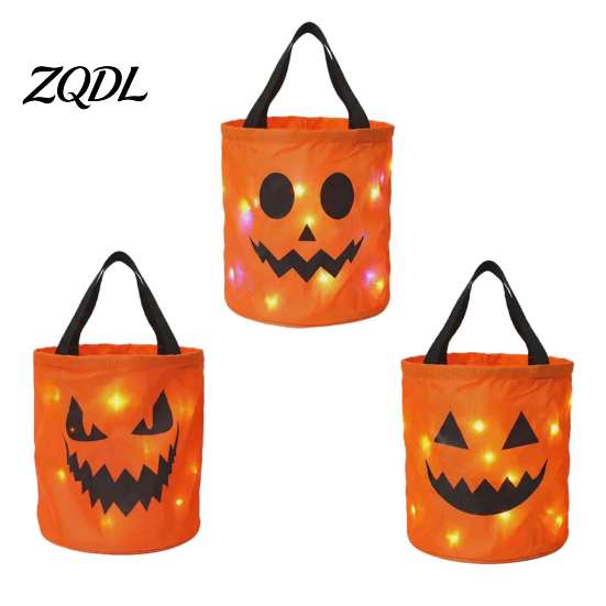Large Capacity Holiday Gift Holders LED Light Up Halloween Bucket, Glow in The Dark Trick or Treat Candy Themed Party Tabletop Organizers Bag