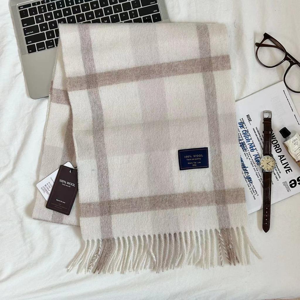 Men Scarf 100% Wool Plaid Warm Soft Muffler Female Winter Autumn Couple Cashmere Windproof Stripe Tassel Shawl Male Thick Scarf