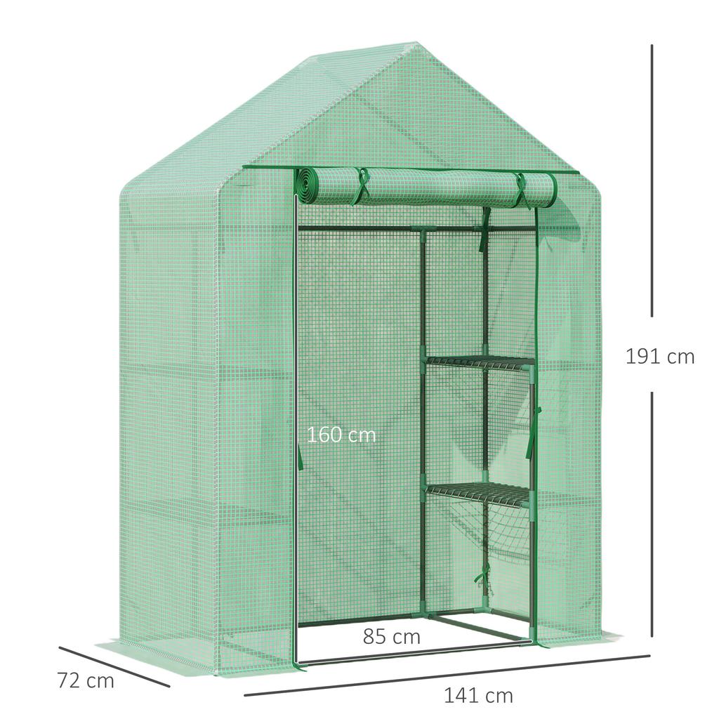 Walk In Greenhouse with Shelves, Portable Gardening Plant Grow House for Outdoor with 2 Tier Shelf, Roll-Up Zippered Door, PE Cover, 141 x 72 x 191cm