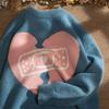Blue Heart Printed Women's Sweater Korean Loose Casual Pullover for Autumn Winter Comfortable Round Neck Ladies Clothing