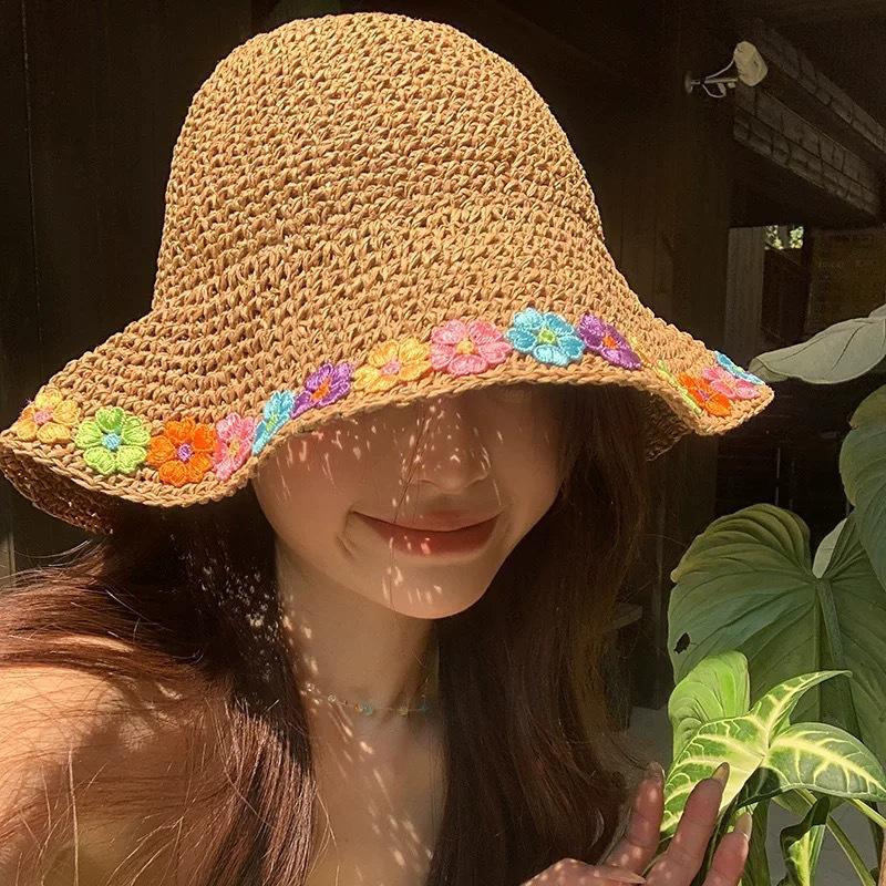 Feminine Flower Straw Fisherman Hat Summer Sun Protection Wide Brim Breathable for Beach Vacation