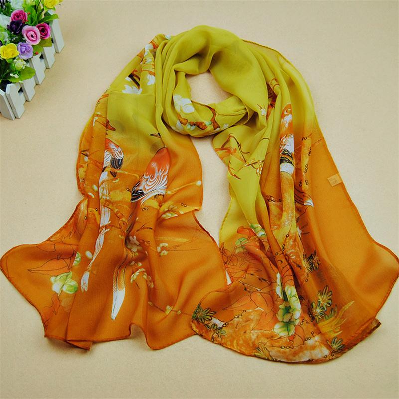 Scarves Natural Style Spring and Autumn Printed Flowers and Birds Rectangle Sun Protection Chiffon Scarf