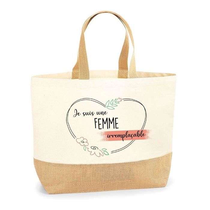 Sac cabas - PLANETEE - Femme Irremplaçable - Jute naturel - Imprimé en France - Anses solides
