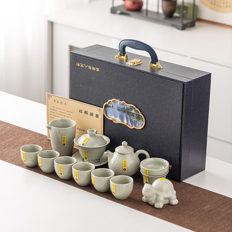 Ru kiln topaz tea set, open film can be raised, light luxury cover bowl pot, boutique gift box, intangible cultural heritage, high-end gifts