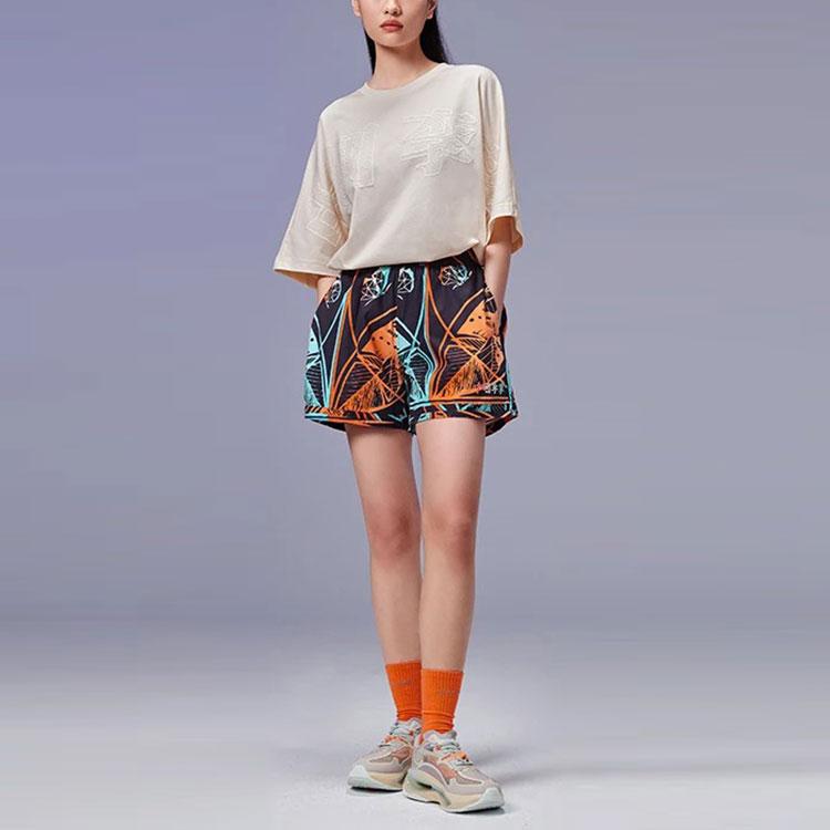 Li Ning All Over Print Abstract Pattern Drawstring Loose Sports Shorts Women shorts Earth-Gray AKSS018-1