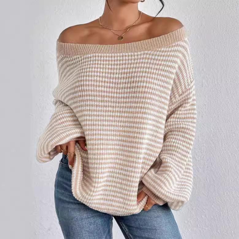 Women One-line Collar Straples Knitted Sweater Winter Autumn New Clashing Color Striped Lantern Long Sleeve Tops
