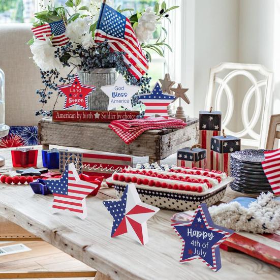 6 Pcs Patriotic Star Block Signs 4th of July Table Centerpieces Independence Day Decorations for Tabletop Shelf Mantel Tiered Tray Home Party