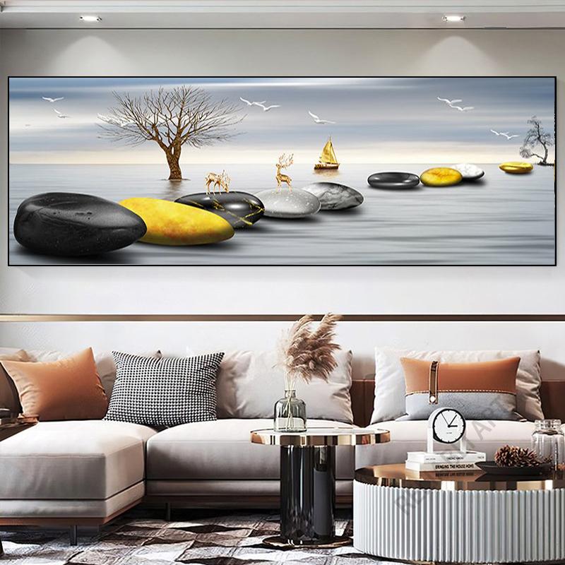 New Chinese Fengshui Golden Zen Stone Canvas Painting Wall Art Rich Tree Posters Gold Deer Prints for Living Room Home Decor