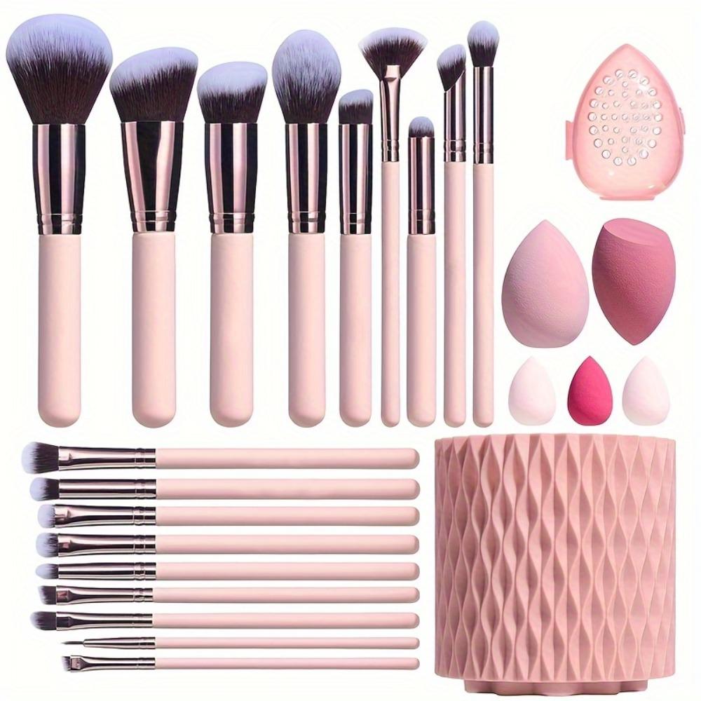 Makeup Brush Combo Set Premium Synthetic Foundation Powder Concealer Eyeshadow 18 Piece Brush Set with 5 Sponges and Sponge Case (Pink)
