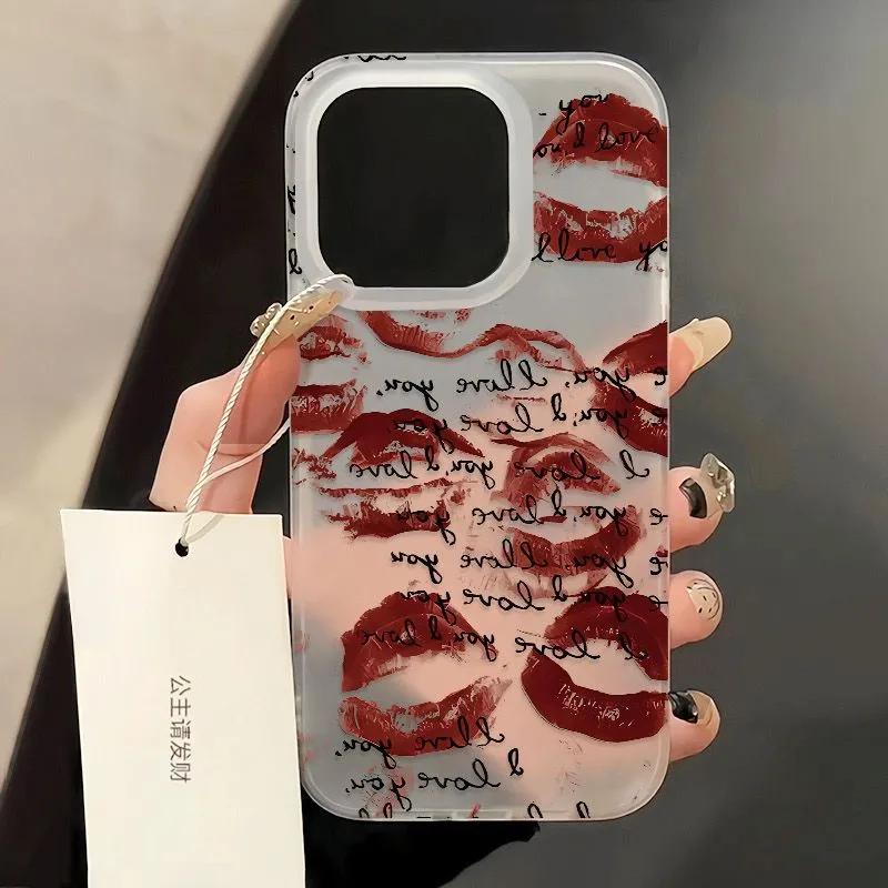 Простой текст Полный экран Красный отпечаток губ Чехол для телефона Для iPhone 17 AIR 16E 15 14 13 12 11 PRO MAX XSMAX XR 7 8 PLUS Y2K Матовый чехол