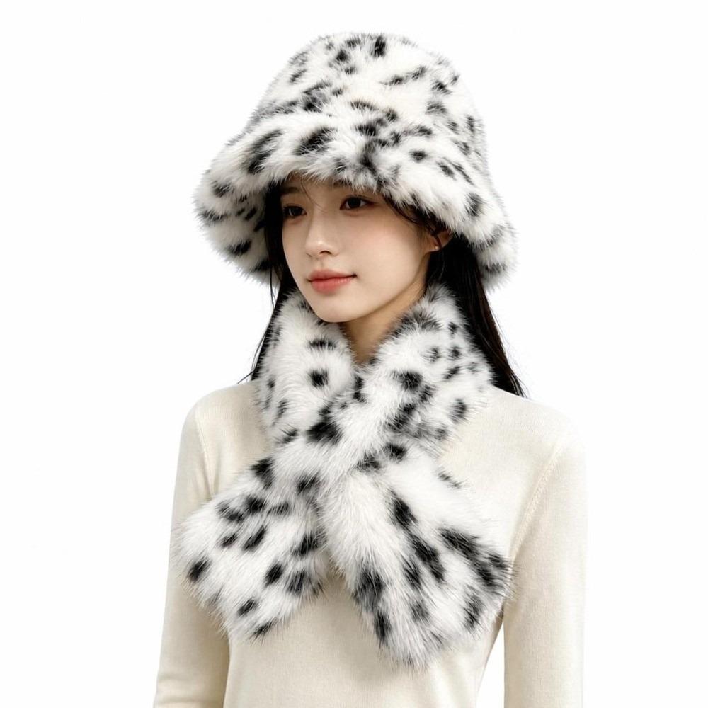 2-Piece Set Rolled Brim Faux Fur Bucket Hat Winter Head Neck Accessories  Cold Weather Outfit
