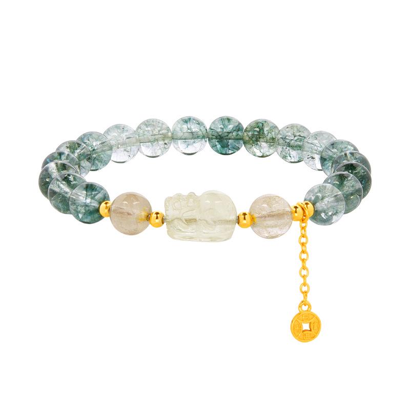 Sterling Silver Lemon Crystal & Green Phantom Quartz Beaded Bracelet for Women - Light Luxury Pixiu Design