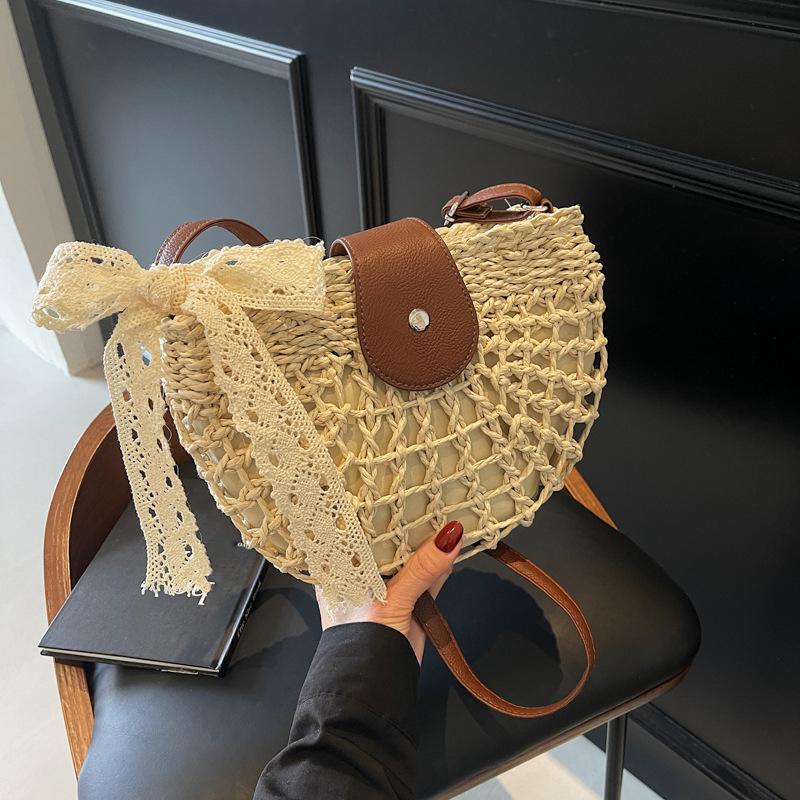 Летняя соломенная сумка для женщин, модная полукруглая сумка кроссбоди, плетеная вручную из ротанга, сумка-мессенджер, дорожная пляжная сумка KTB