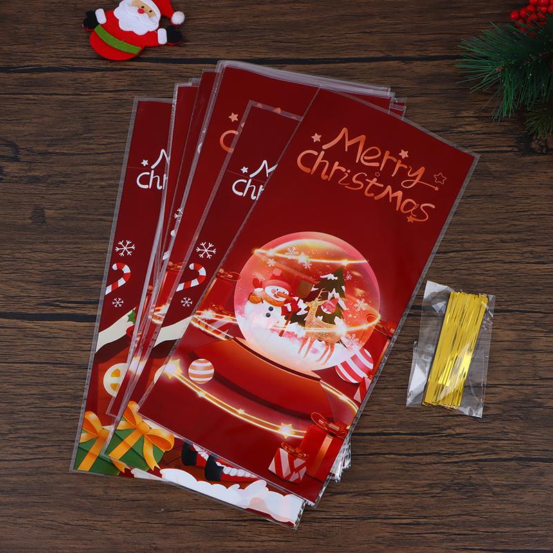 50 шт. Рождественский упаковочный пакет для конфет с лентами, печенье, выпечка, рождественские пластиковые пакеты, детские сувениры, упаковочные пакеты для вечеринок