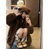Cute Little Bear Ear Lamb Fur Hooded Jacket for Women In Autumn and Winter, Loose and Lazy Style, Thick Furry Cardigan Top