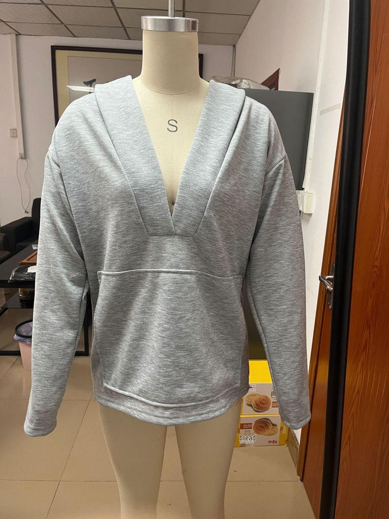 Grey Elegant Hooded V-Neck Women's Sweatshirt for Autumn and Winter 2025