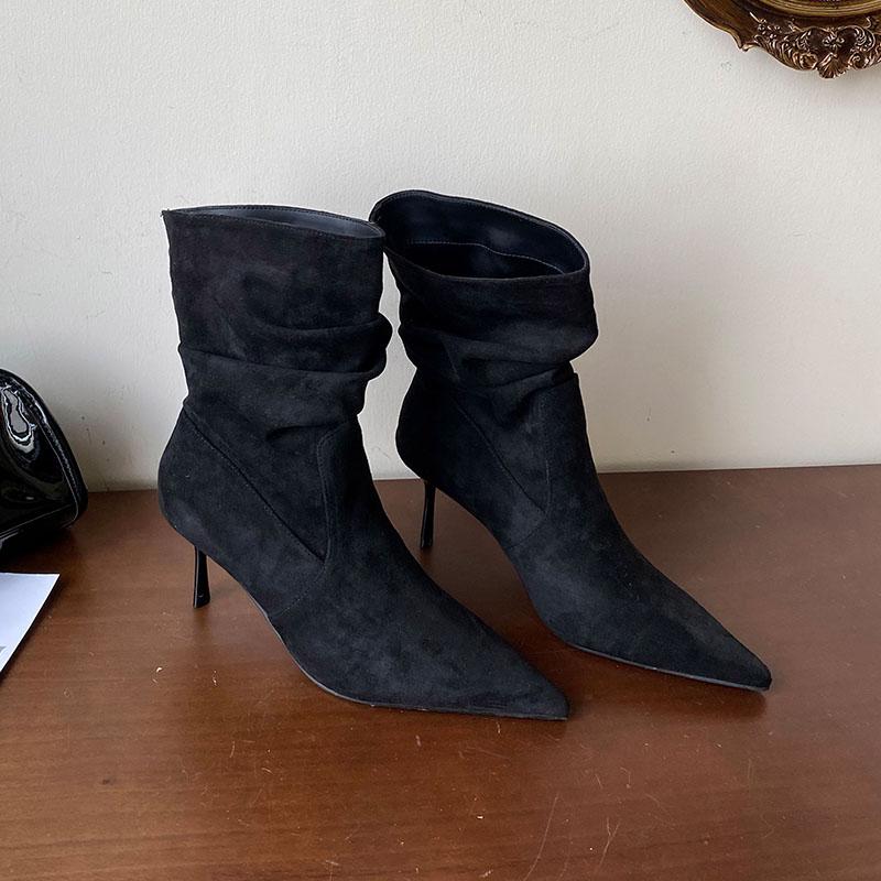 Модные Элегантные Женские Ботильоны на Тонком Каблуке Обувь Плиссированные Модные Остроносые Женские Короткие Современные Ботинки Женские Туфли-лодочки леди