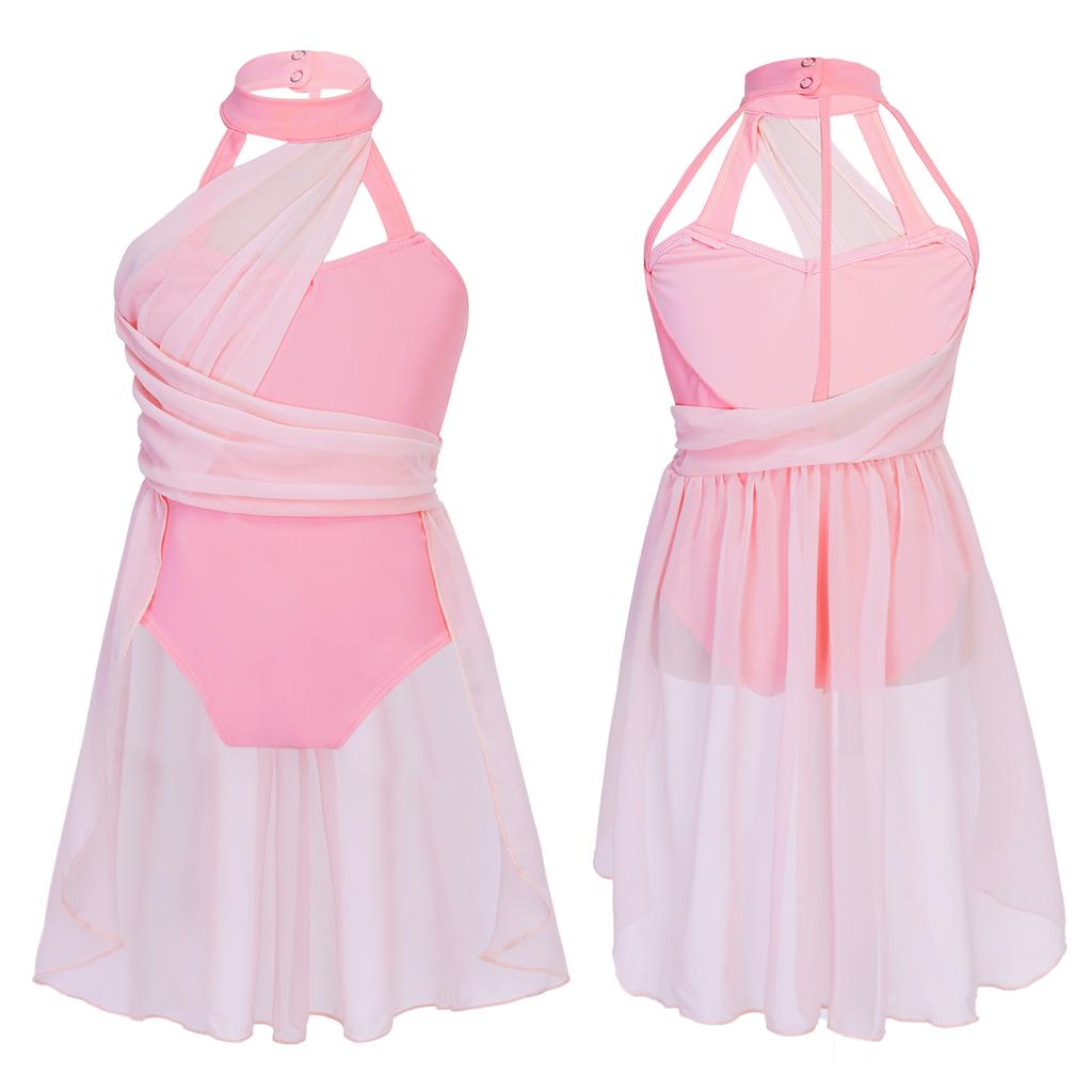 Детское гимнастическое танцевальное платье без рукавов для девочек, шифоновый лиф с рюшами, купальник, танцевальная одежда, костюм