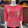 Spring Summer Women's Ice Silk Plus-Size Sweater Thin Round Neck Loose-Fit Printed Pullover Sweater 3/4sleeve Knitwear