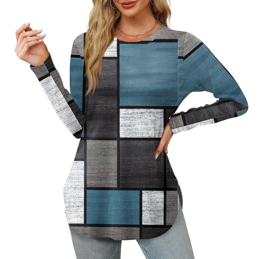 Женские рубашки с длинным рукавом и круглым вырезом, базовые свободные туники с боковым разрезом, повседневные рубашки с цветочным принтом