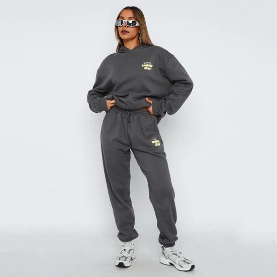 2 шт./комплект женский топ брюки комплект с капюшоном длинный рукав эластичные манжеты толстовка с капюшоном буквенный принт эластичный